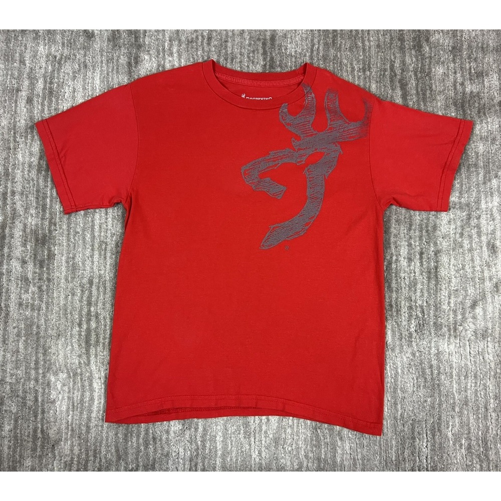 Browning T-Shirt Boys Medium Red Graphic Buckmark Logo Short Sleeve Outdoor Tee